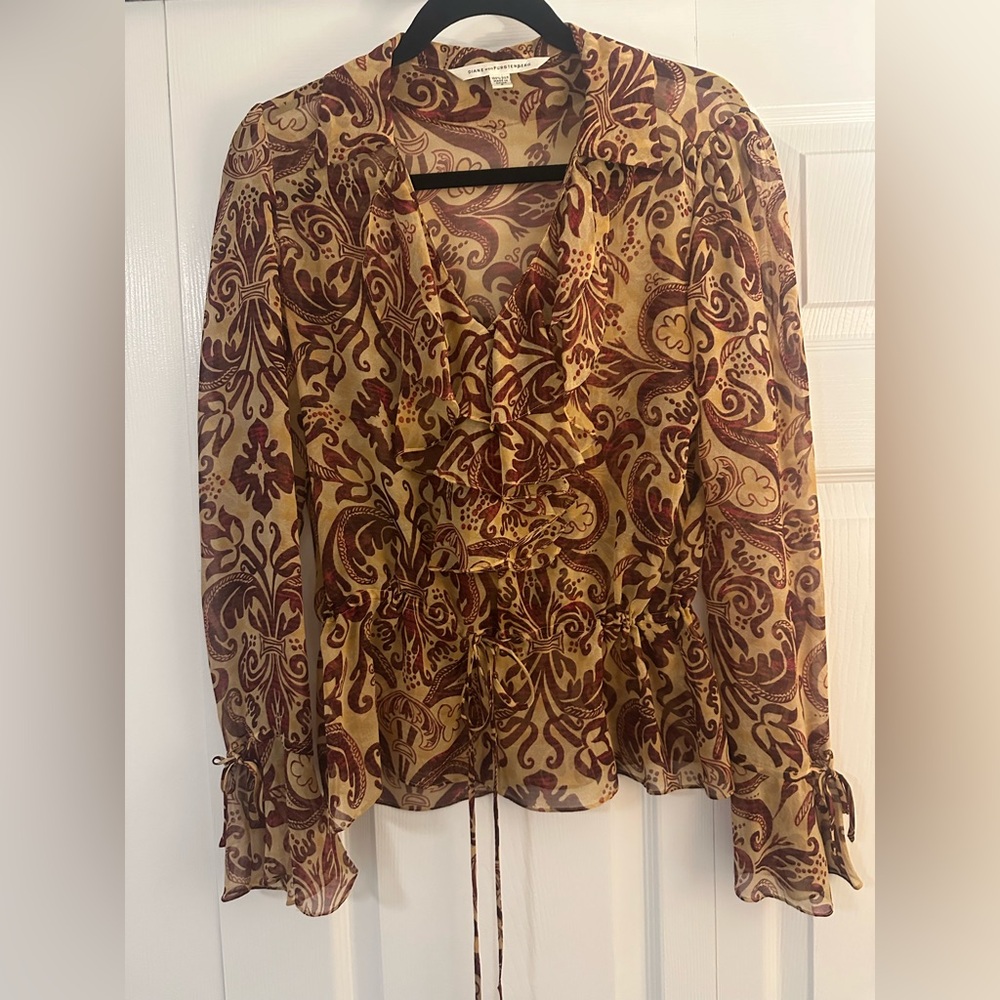 Diane Von Furstenberg Brown and Tan Paisley Blouse